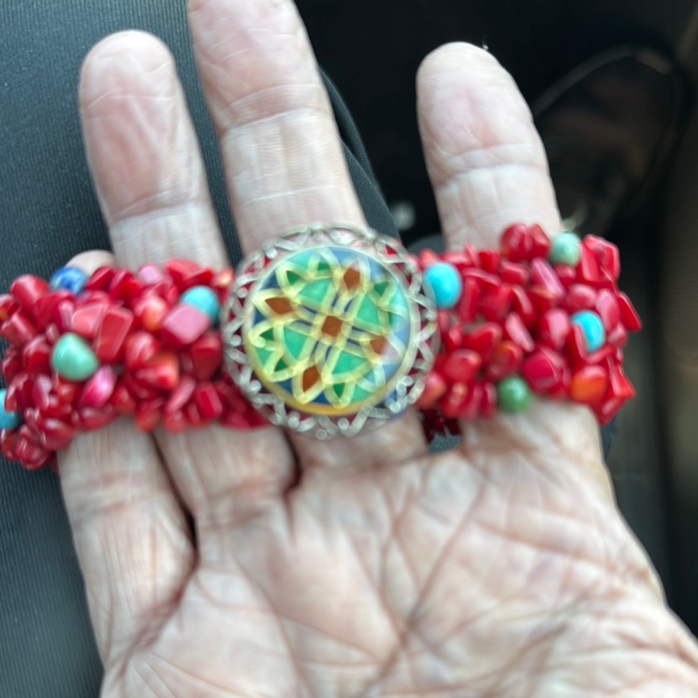 Bracelet with Coral lapis green and blue gemstones Sterling silver center